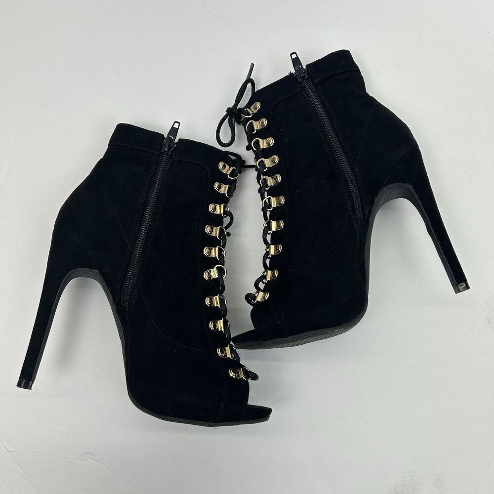 Charlotte Russe Size 6 Black Faux Suede High Heels Peep Toe Corset Lace Up